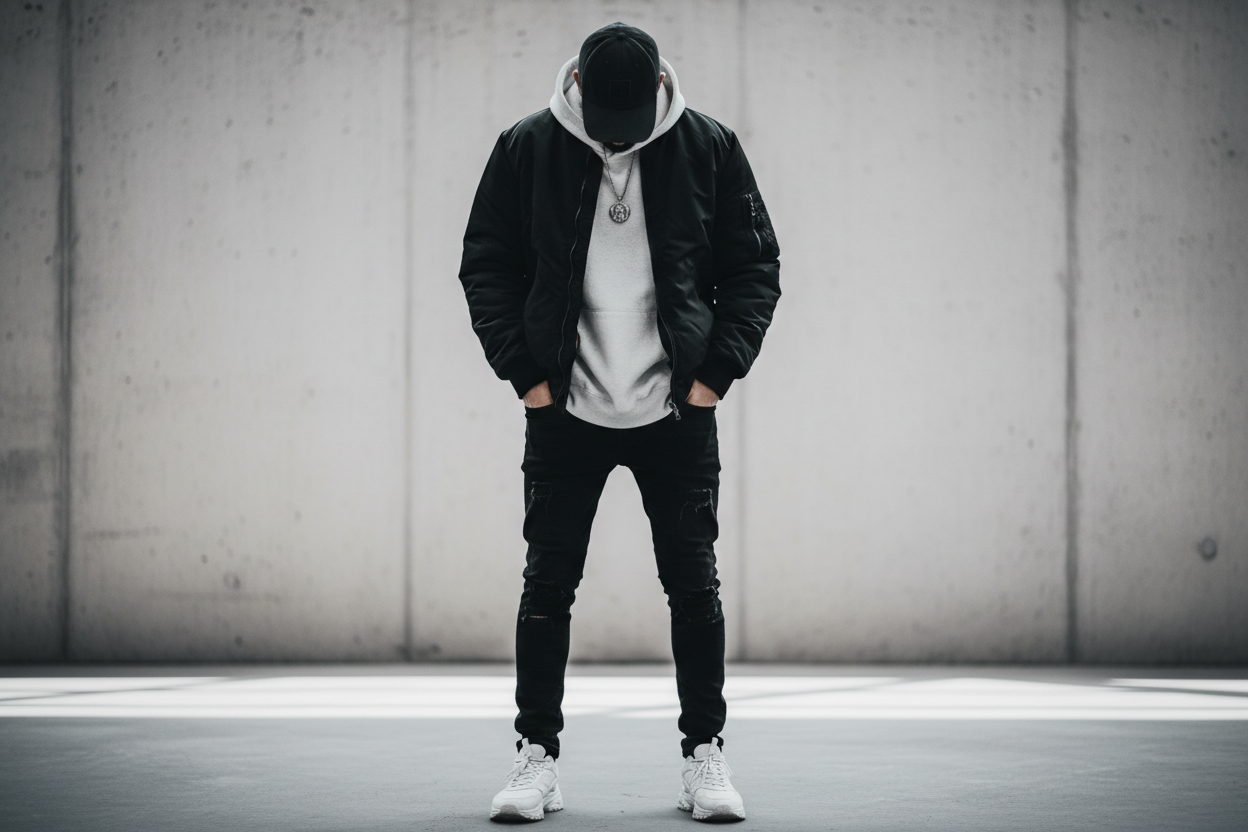 a young man wear cap and you can't see his face.